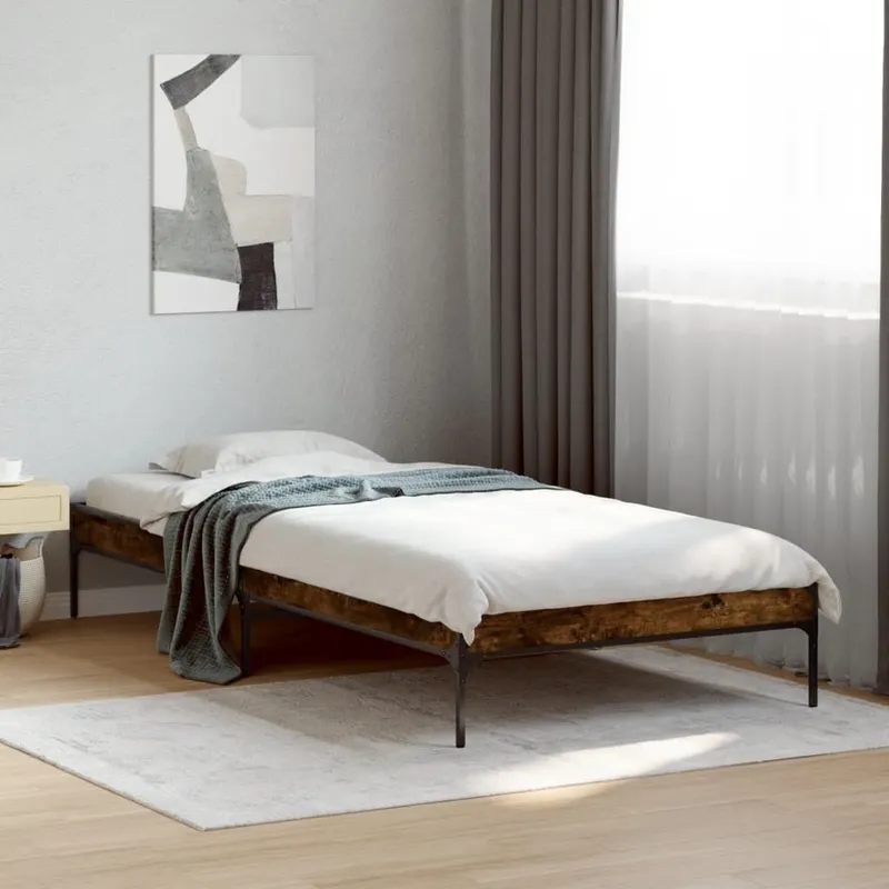 Struttura Letto in Rovere Affumicato 100x200 cm, in Legno Ingegnerizzato e Metallo
