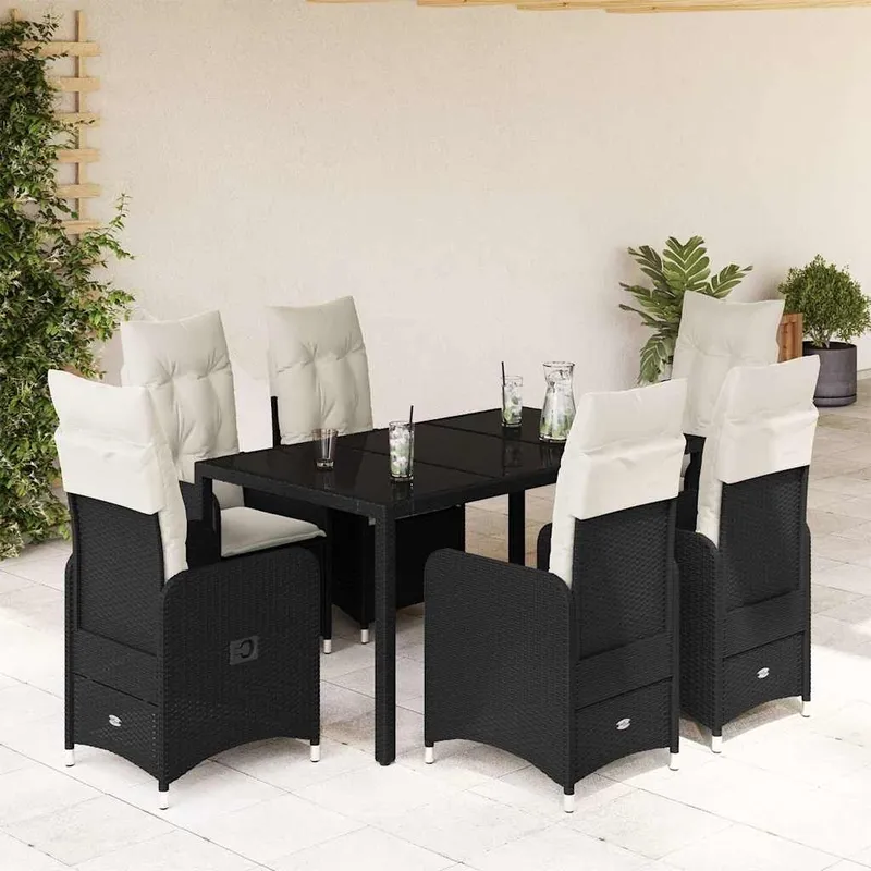 Set da bistrò da giardino 7 pezzi in poly rattan nero con cuscini