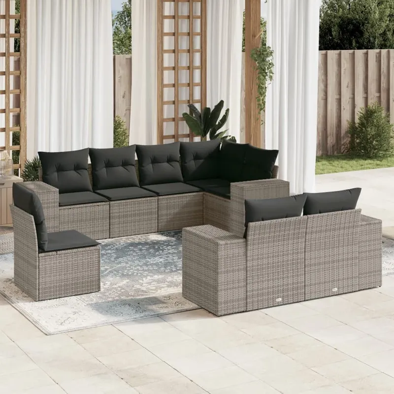 8-tlg. Garten-Sofagarnitur mit Kissen Grau Poly Rattan