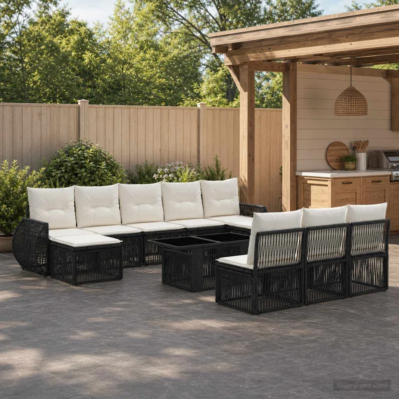 Gartensofa-set 11 stk. Schwarz und Cremeweiß Poly-Rattan