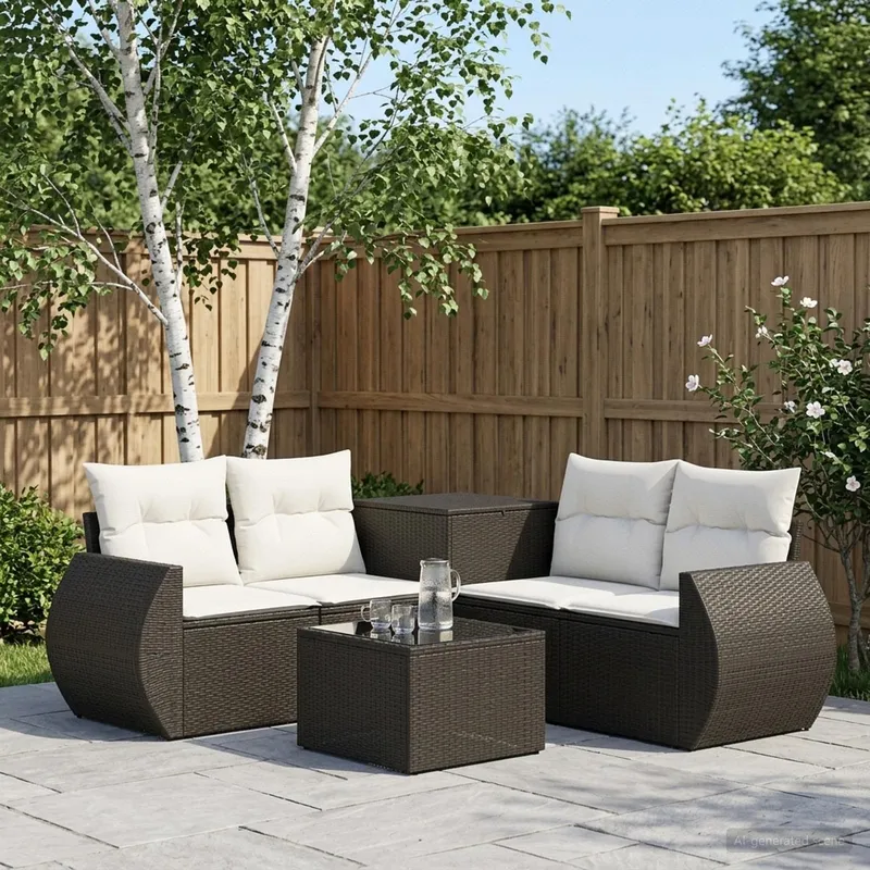 Sofa Set 6 stk. Schwarz und Cremeweiß Polyrattan und Stahl