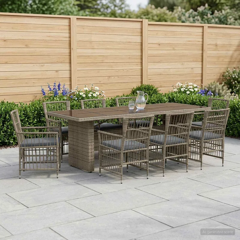 Outdoor-Essgruppe 9 Stk. Grau Poly-Rattan