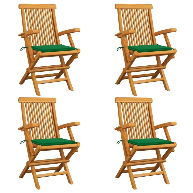 Klappstühle mit grünen Kissen, 4 Stück, Massivholz Teakholz