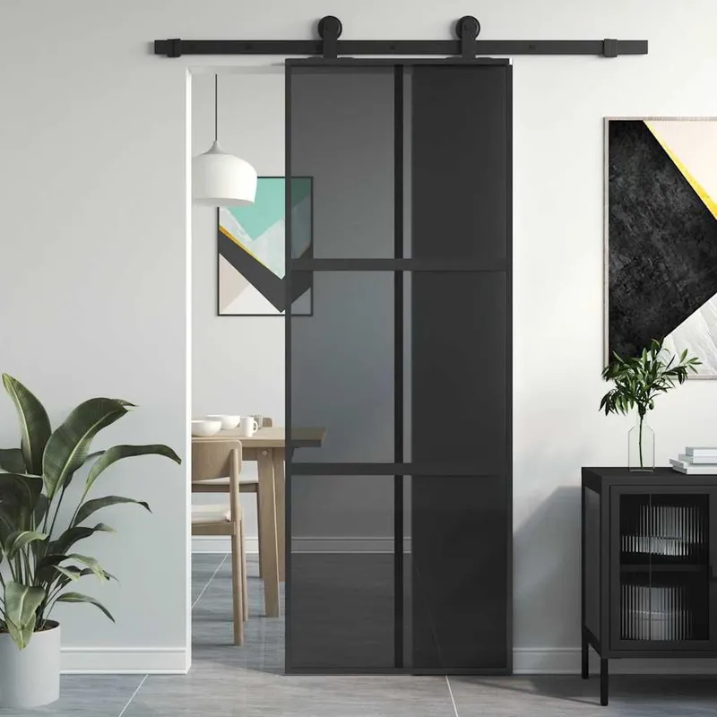 Porte coulissante noir 76x205 cm verre trempé aluminium