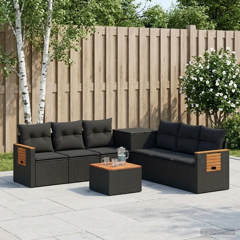 divano Set 8 pz. nero polyrattan e acciaio