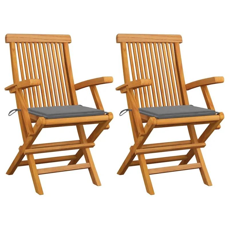 Klappstühle mit grauen Kissen, 2 Stück, Massivholz Teakholz