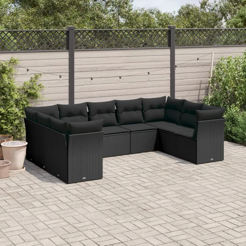 9-tlg. set divano da giardino con cuscini nero Poly Rattan