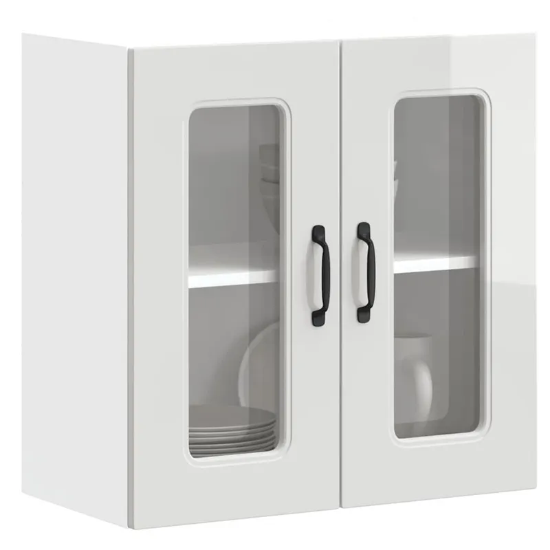 Armoire murale de cuisine avec porte vitrée "Kalmar" Bois d'ingénierie blanc brillant