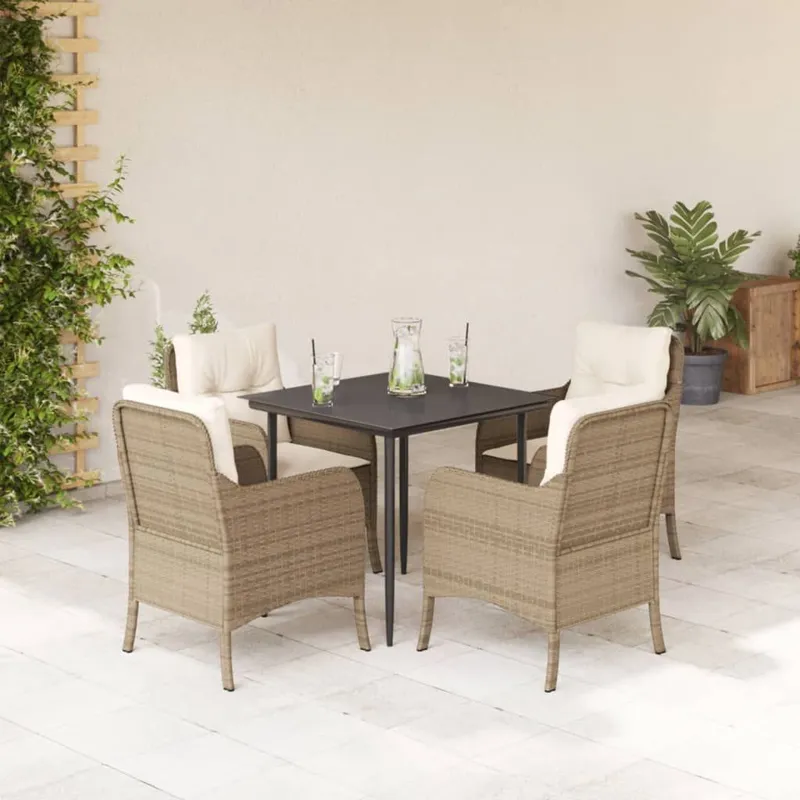 5-tlg. Garten-Essgruppe mit Kissen Beige Poly Rattan
