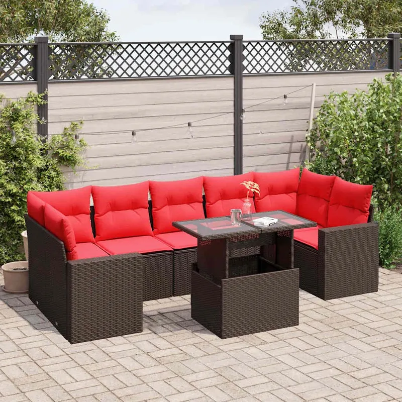 8 pezzi set divano da giardino con cuscini, marrone, polyrattan