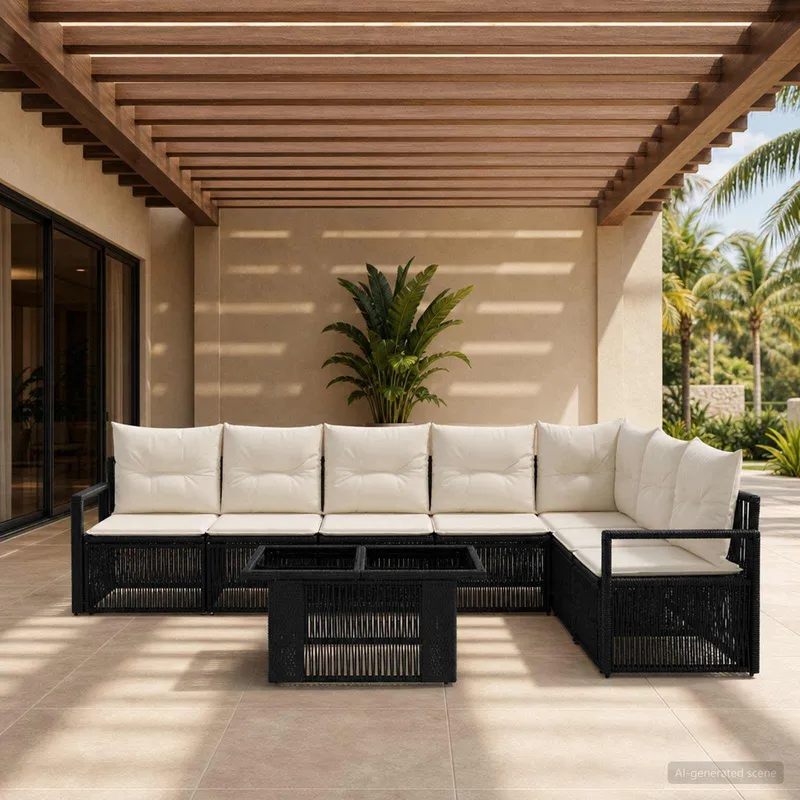 Gartensofa-set 8 stk. Schwarz und Cremeweiß Poly-Rattan