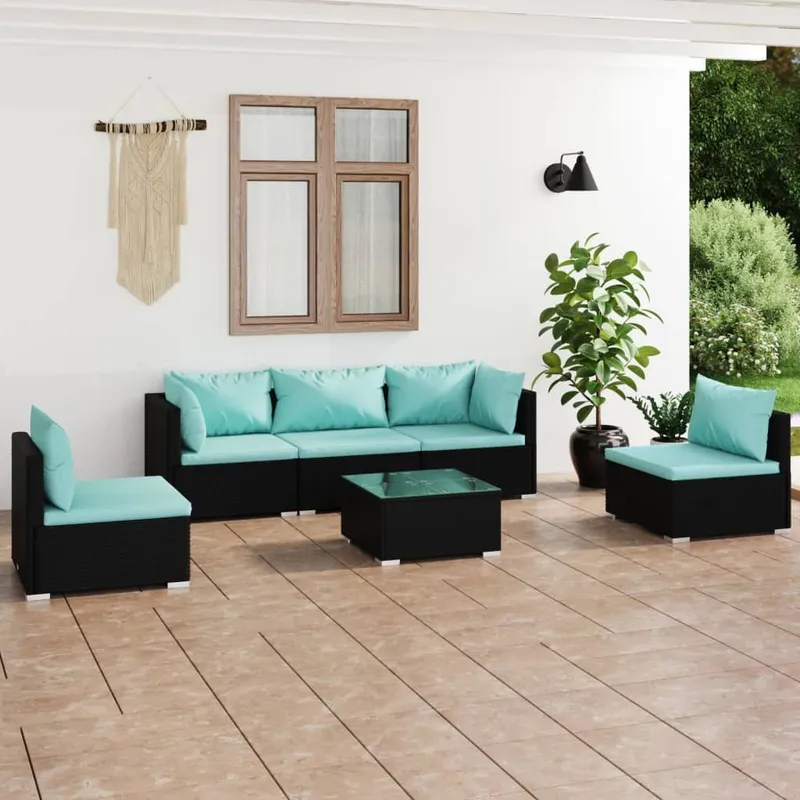 6-tlg. Garten-Lounge-Set mit Kissen Poly Rattan nero