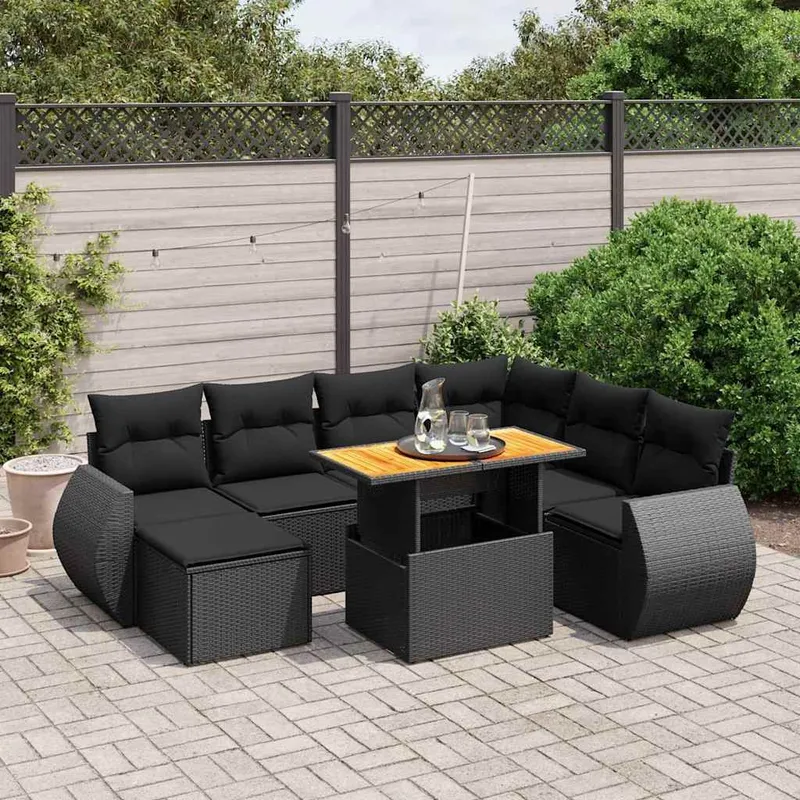 8-tlg. Garten-Sofagarnitur mit Kissen Schwarz Poly Rattan
