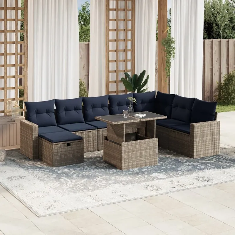 9 pezzi set divano da giardino con cuscini, grigio, polyrattan