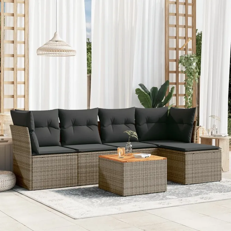 6-tlg. set divano da giardino con cuscini grigio Poly Rattan