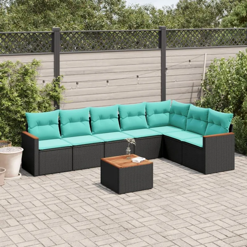 8-teiliges Gartensofa-Set mit Kissen, schwarzes Polyrattan