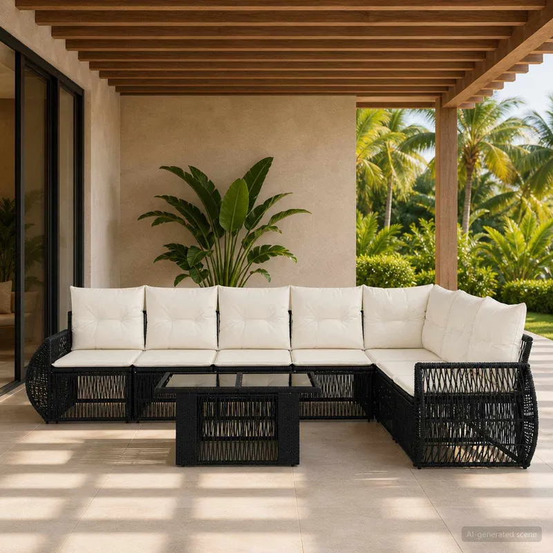 set divano da giardino 8 pz. nero e bianco crema polyrattan