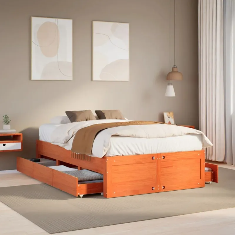 letto in legno massiccio senza materasso con cassetti marrone 135x190 cm