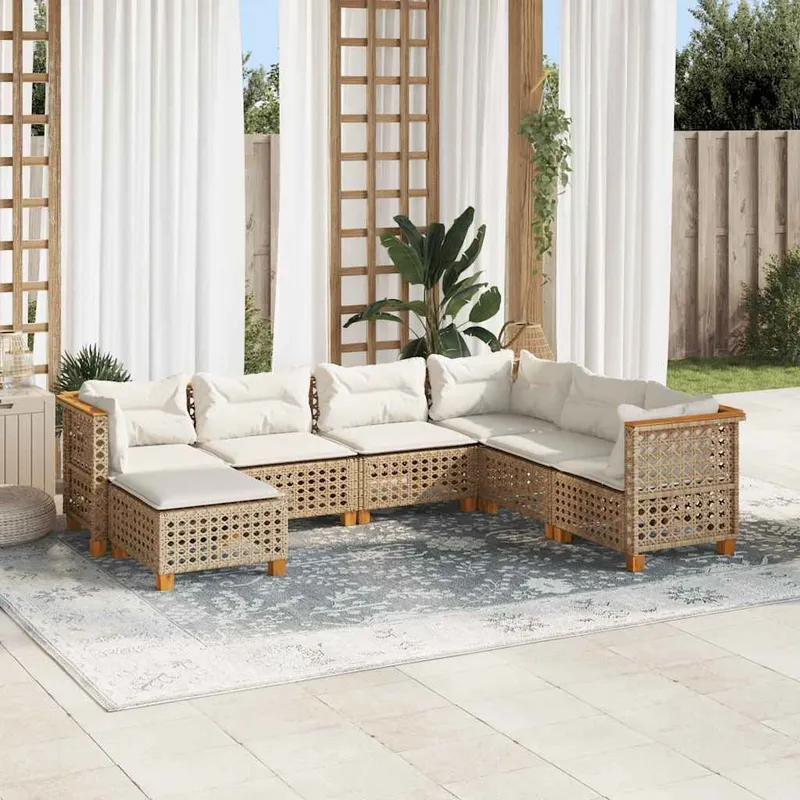 Salon de jardin avec coussins 7 pcs beige résine tressée