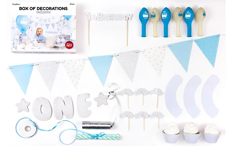 Partydeco Partyset 1st Birthday silber 9-teilig, Silber, bleu