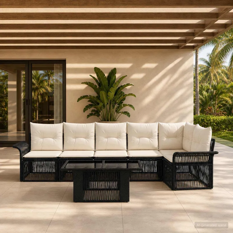 Ensemble de canapé de jardin 7 pc Noir et blanc crème polyrotin