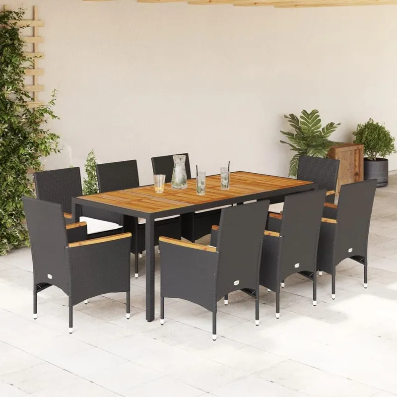 9-tlg. Garten-Essgruppe mit Kissen nero Poly Rattan Akazie