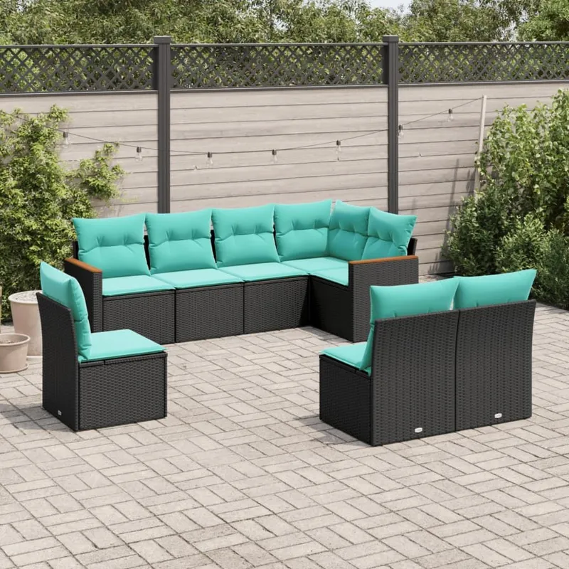 8-teiliges Gartensofa-Set mit Kissen, schwarzes Polyrattan