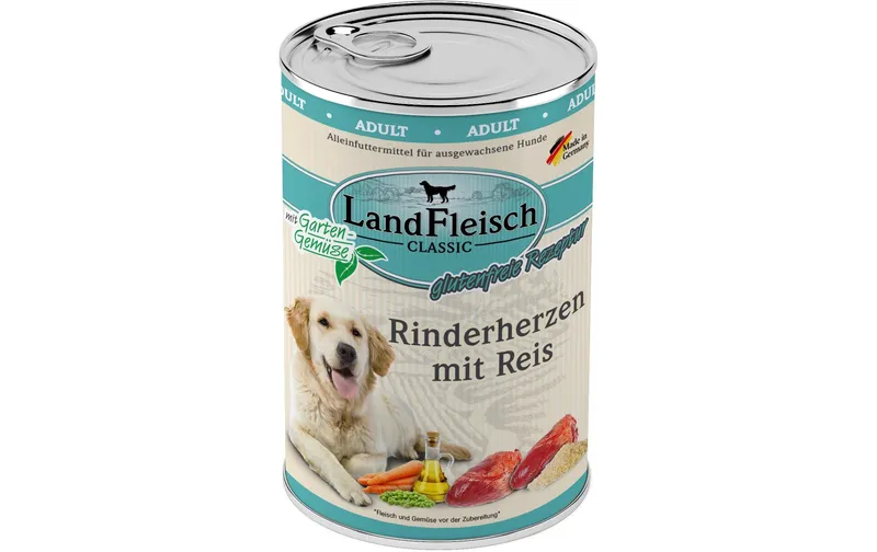 LandFleisch Nassfutter Classic Rinderherzen mit Reis, 400 g