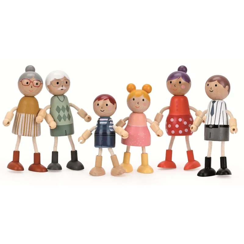 Spielba Holzspielwaren Biegepüppchen Familie en Holz avec Kleidern