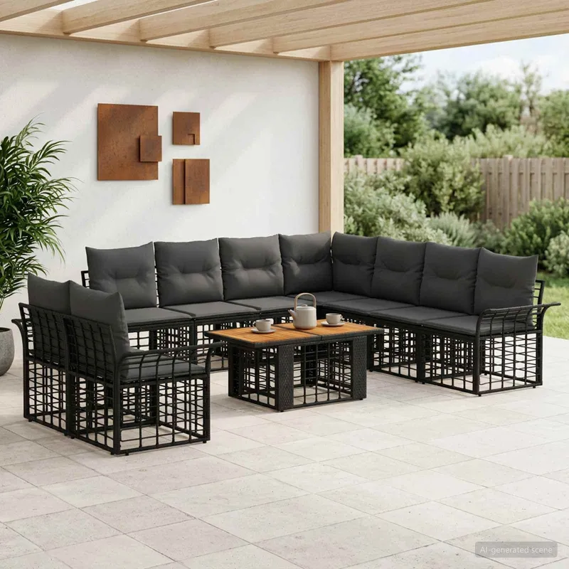 set divano da giardino 10 pz. nero e grigio scuro polyrattan
