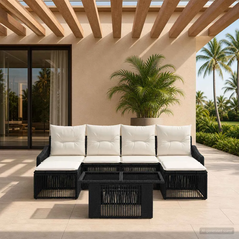 Ensemble de canapé de jardin 7 pc Noir et blanc crème polyrotin