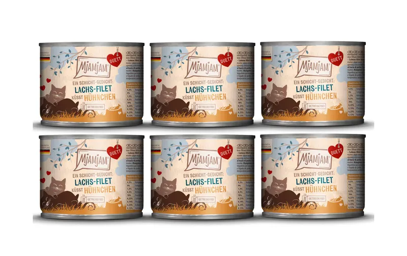 Mjamjam Nassfutter Duett Lachs-Filet küsst Hühnchen, 6 x 190 g