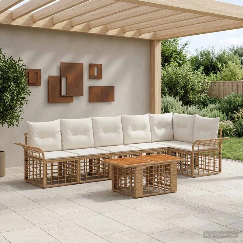 Ensemble de canapé de jardin 7 pc Blanc Naturel et Crème
