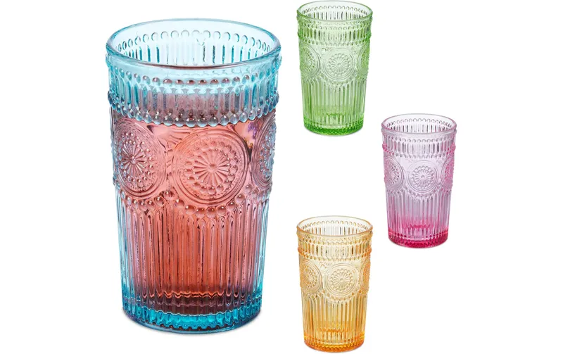 relaxdays Trinkglas Vintage 360 ml, Bunt, 4 pièces