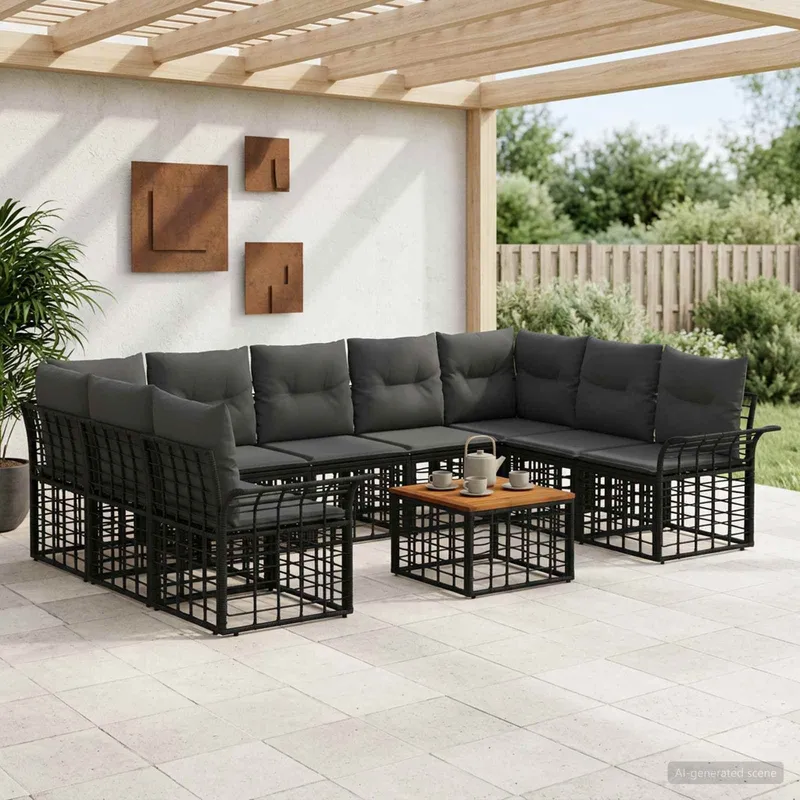 Outdoor-Sofagarnitur 10 stk. Schwarz und Dunkelgrau Polyester