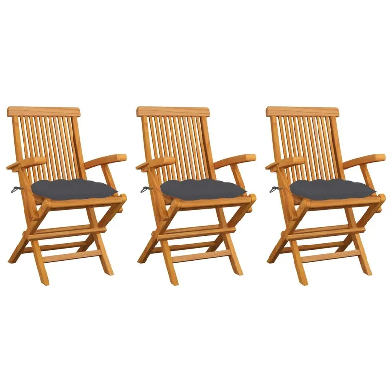 Klappstühle mit anthrazitfarbenen Kissen, 3-teilig, Massivholz Teakholz