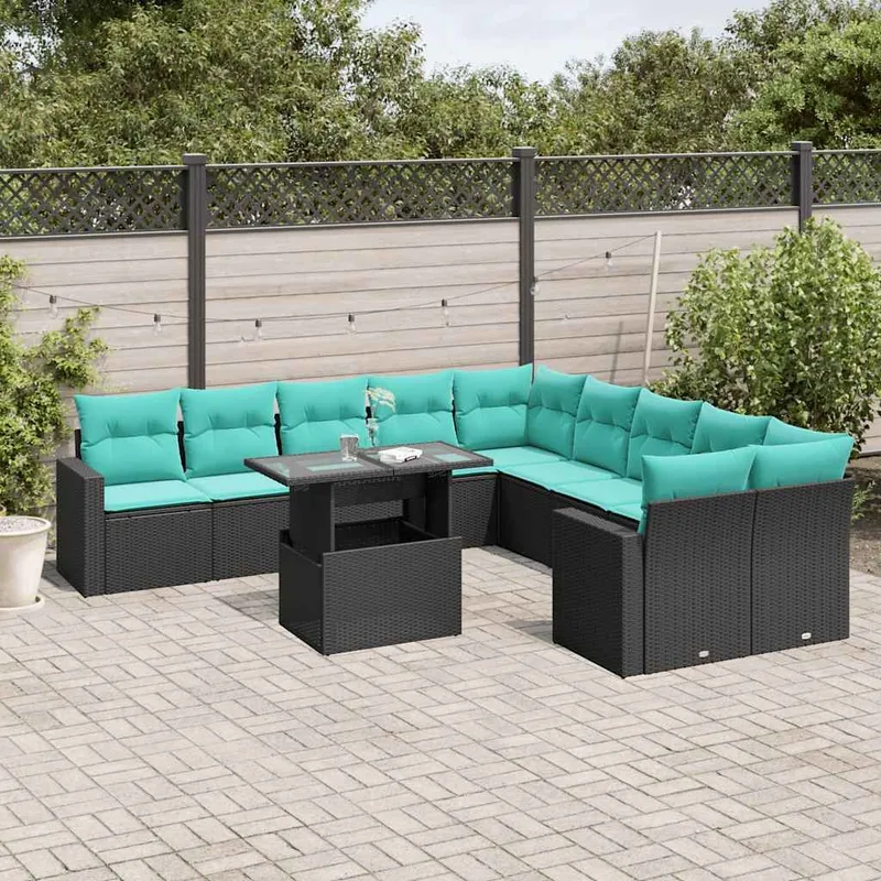 11 pièces salon de jardin avec coussins, noir polyrotin