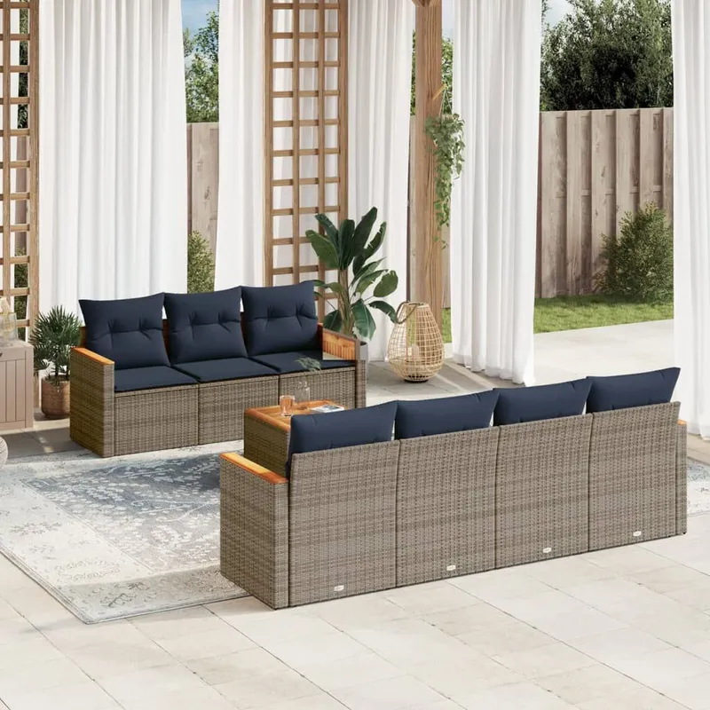 8-teiliges Gartensofa-Set mit Kissen, grau, Polyrattan