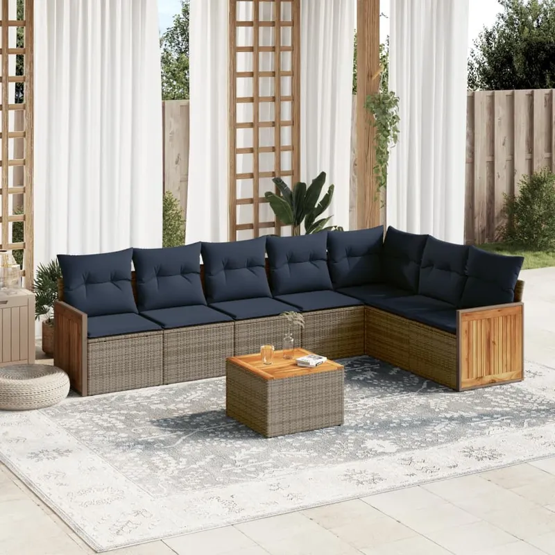 8-teiliges Gartensofa-Set mit Kissen, grau, Polyrattan