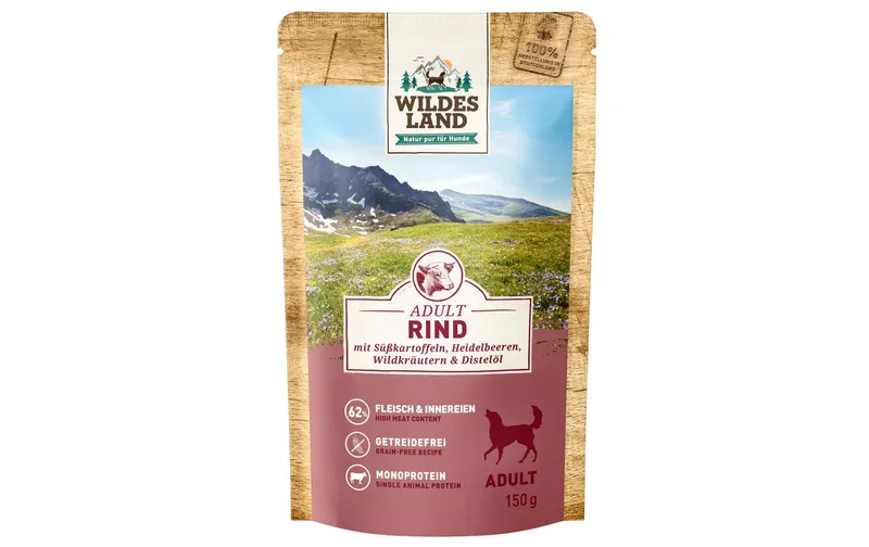 Wildes Land Nassfutter Rind mit Süsskartoffeln & Heidelbeeren 150g