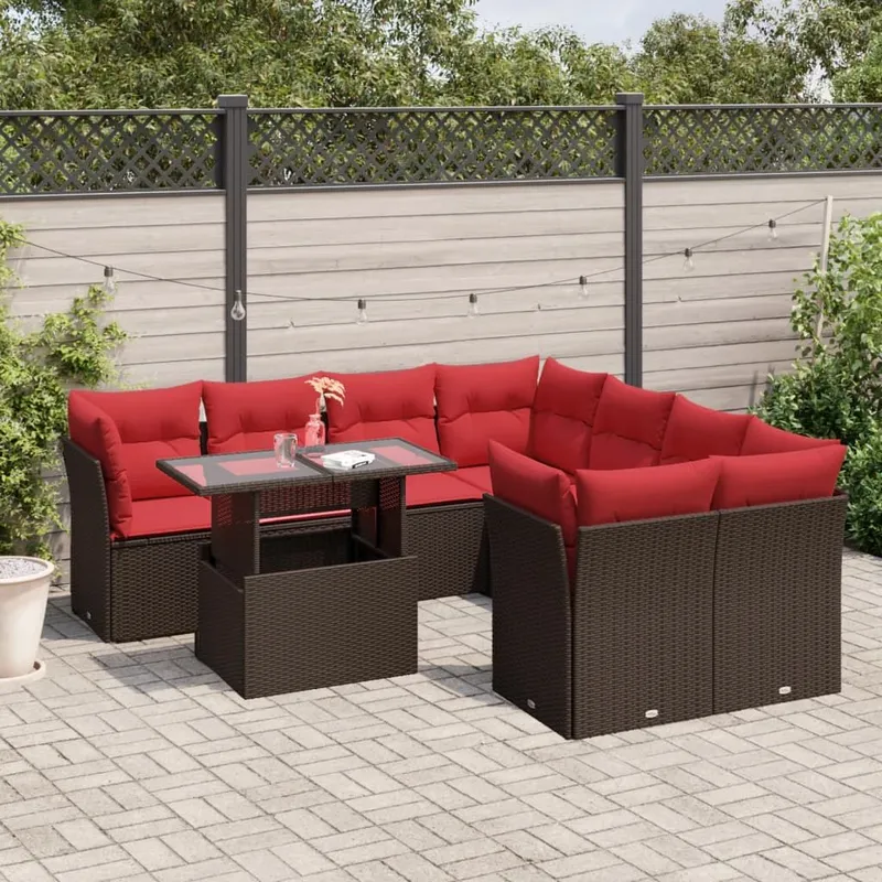 Ensemble de canapé de jardin 9 pcs avec coussins marron résine tressée