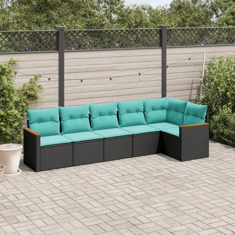 6-teiliges Gartensofa-Set mit Kissen, schwarzes Polyrattan