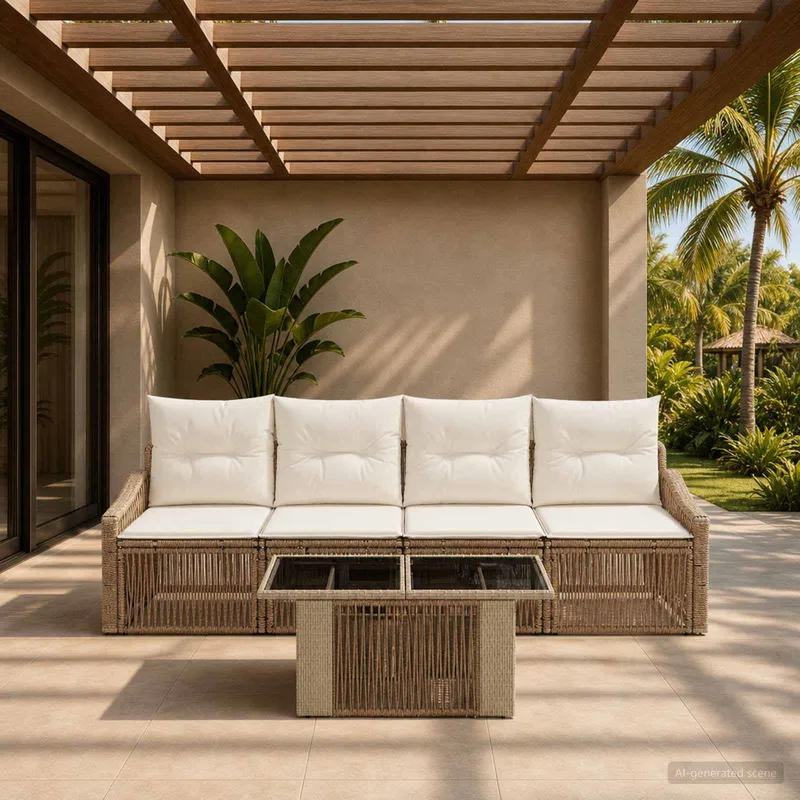 Gartensofa-set 5 stk. Beige und Cremeweiß Poly-Rattan