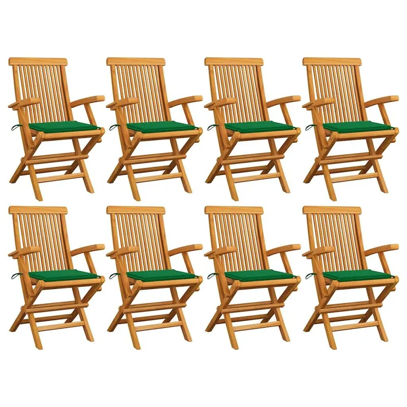 Chaises pliantes avec coussins verts, 8 pièces, en bois de teck massif