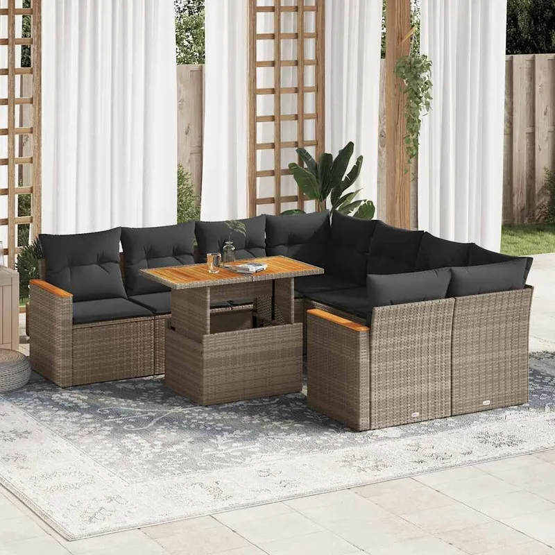 9-tlg. set divano da giardino con cuscini grigio Poly Rattan Akazie