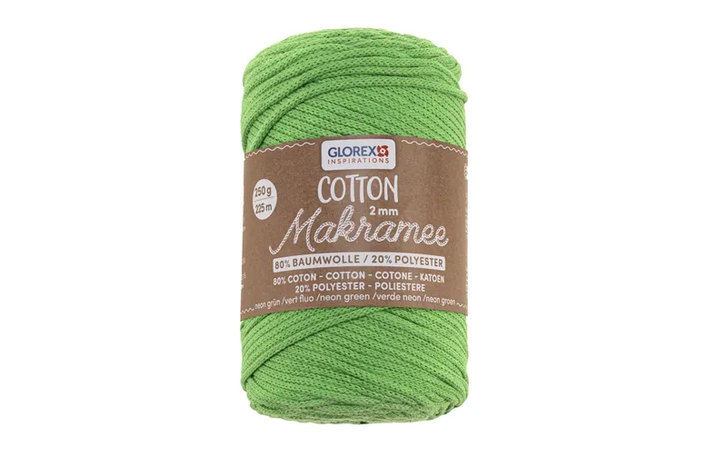 Glorex Wolle Makramee Cotton 225m x 2 mm, 250g, Neongrün