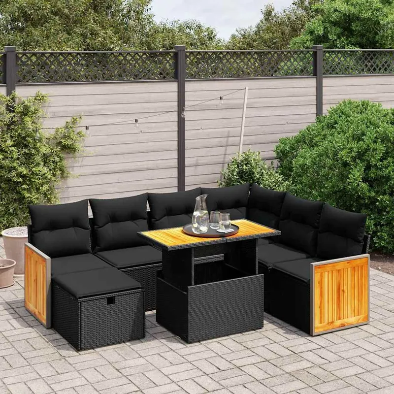 8-tlg. Garten-Sofagarnitur mit Kissen Schwarz Poly Rattan