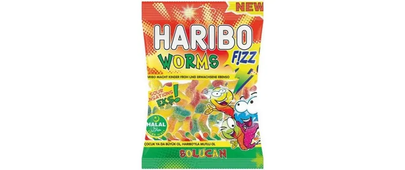 Haribo Int. Gummibonbons HALAL Fizz Worms Sour/Solucan 80 g
