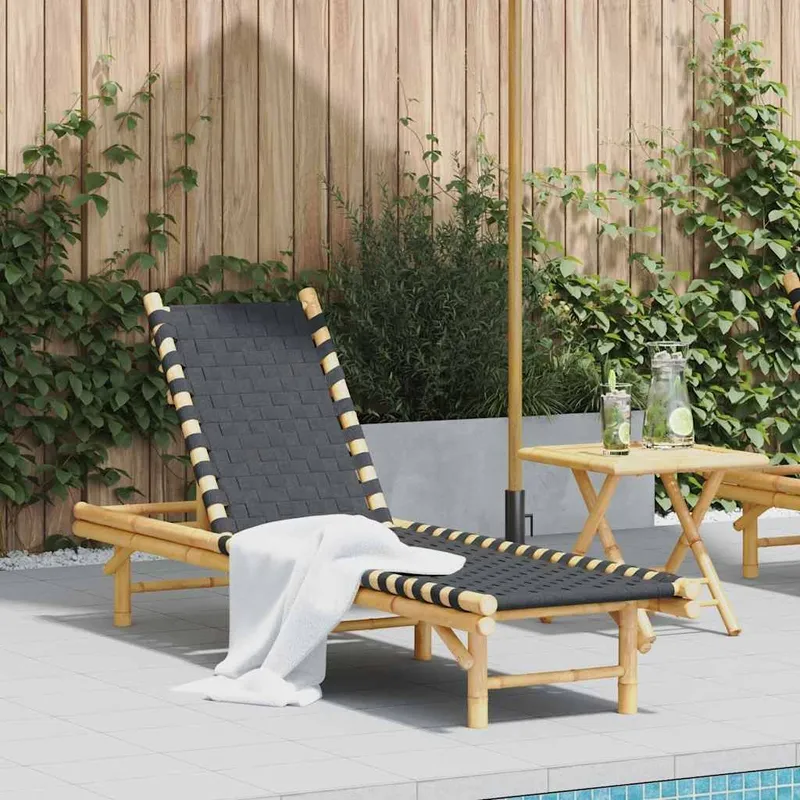 Sonnenliege mit schwarzem gewebtem Gurtband 55x200x30 cm Bambus