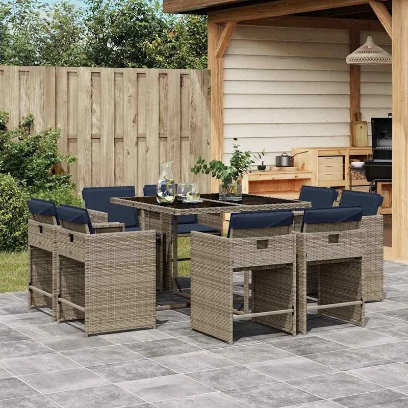 9-teiliges Garten-Ess-Set mit Kissen, grau, Polyrattan